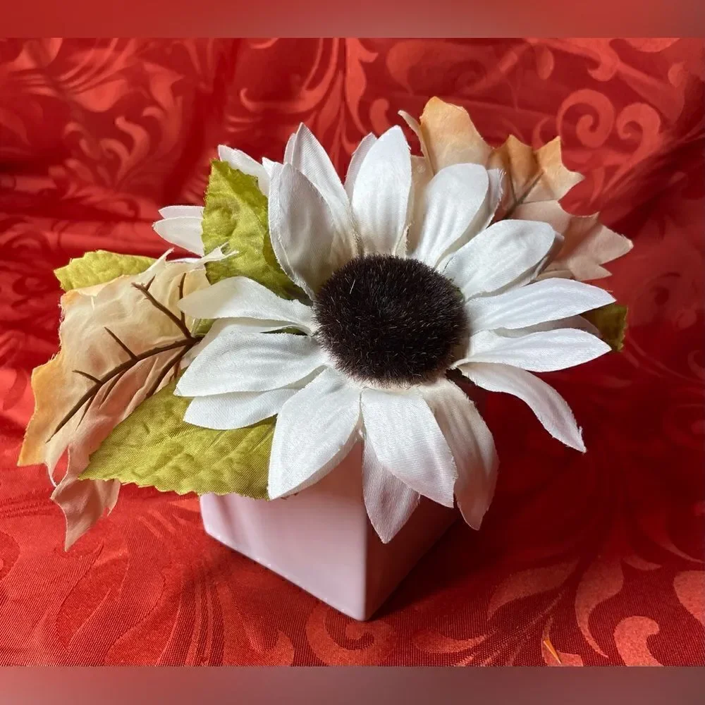 3” NEW! White Sunflower Floral Arrangement Mini White Square Floral Cont…